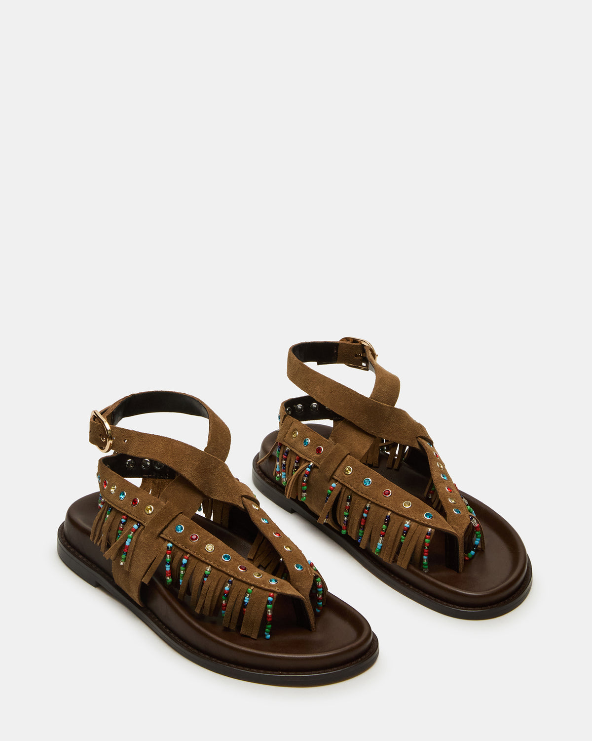 WENDELL Chestnut Suede Beaded Flatform Footbed Strappy Fringe Women's Sandal - Steve Madden