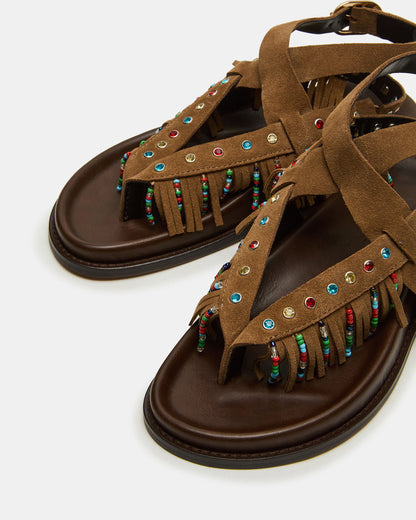 WENDELL Chestnut Suede Beaded Flatform Footbed Strappy Fringe Women's Sandal - Steve Madden