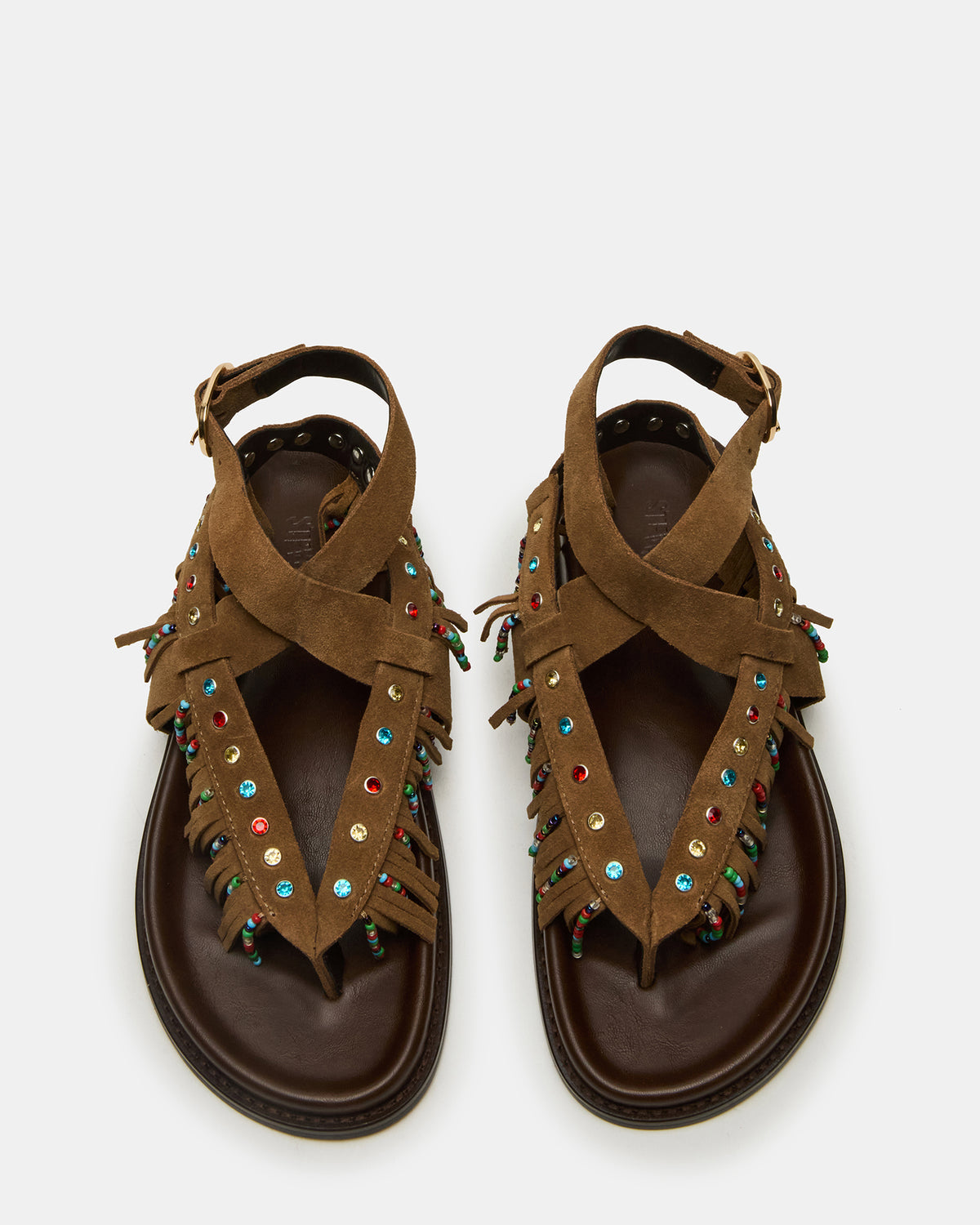 WENDELL Chestnut Suede Beaded Flatform Footbed Strappy Fringe Women's Sandal - Steve Madden