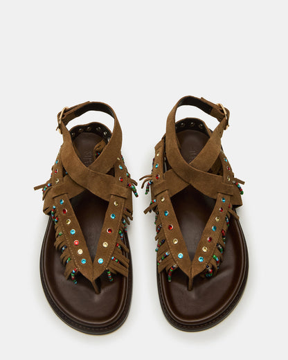 WENDELL Chestnut Suede Beaded Flatform Footbed Strappy Fringe Women's Sandal - Steve Madden