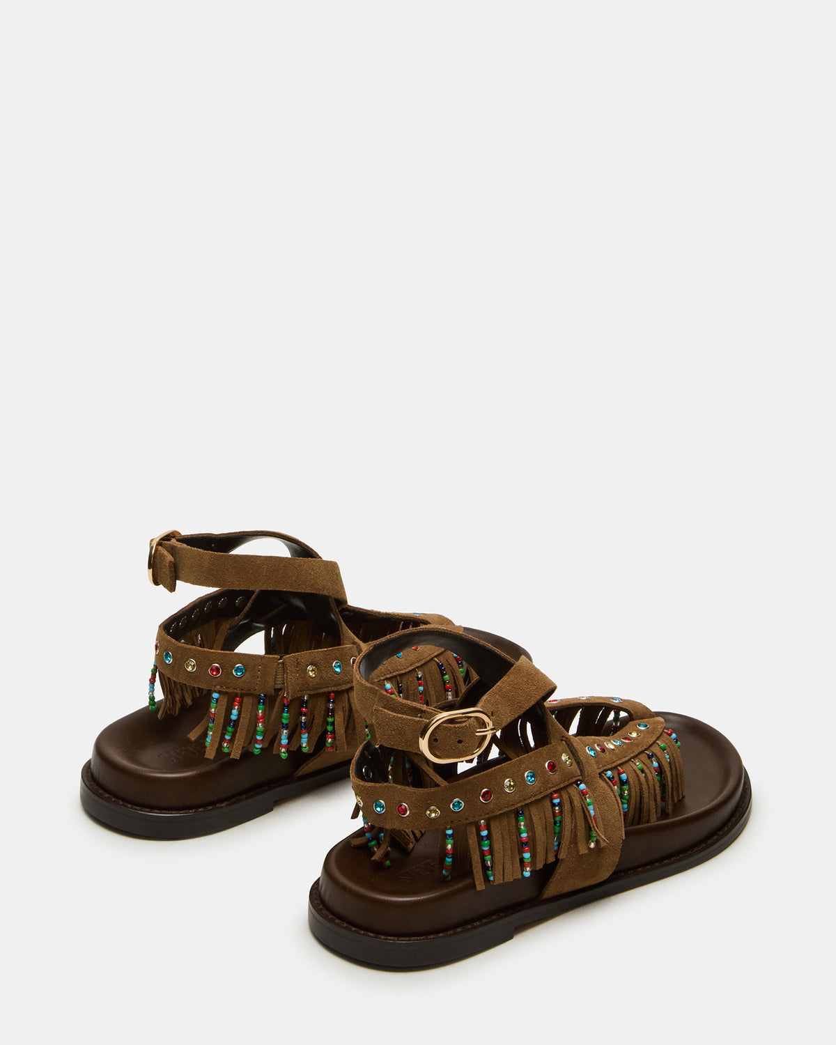 WENDELL Chestnut Suede Beaded Flatform Footbed Strappy Fringe Women's Sandal - Steve Madden