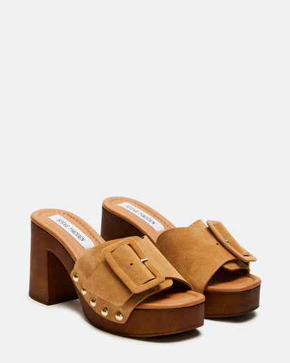 MARLENA Sand Suede Women's Wood Bottom Mule Platform Heel - Steve Madden