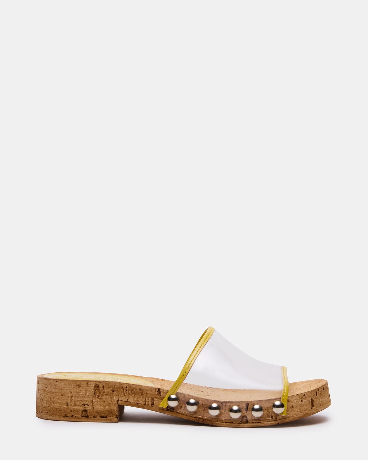CLEMENT Yellow Wood Bottom Slide Mule Studded Women's Sandal - Steve Madden