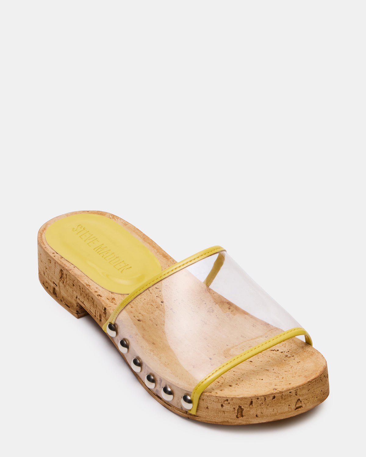 CLEMENT Yellow Wood Bottom Slide Mule Studded Women's Sandal - Steve Madden