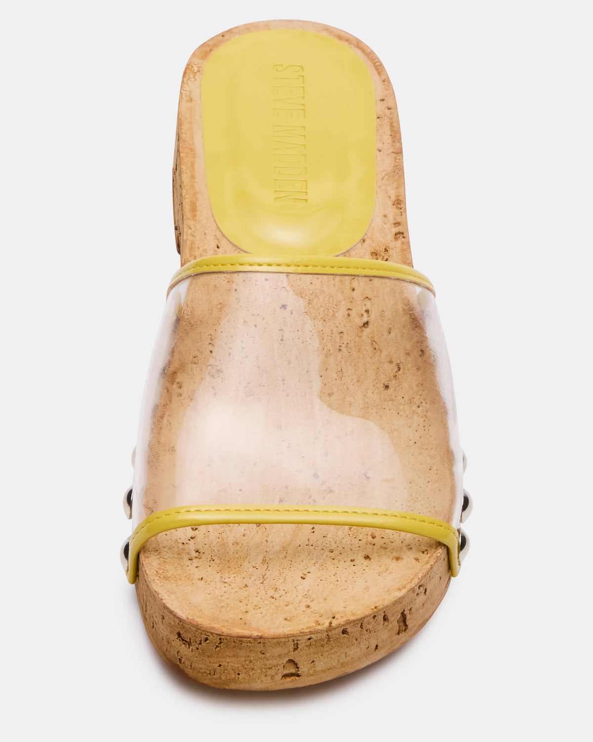 CLEMENT Yellow Wood Bottom Slide Mule Studded Women's Sandal - Steve Madden