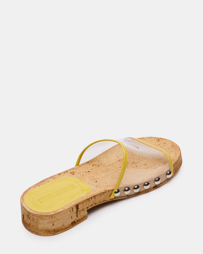 CLEMENT Yellow Wood Bottom Slide Mule Studded Women's Sandal - Steve Madden