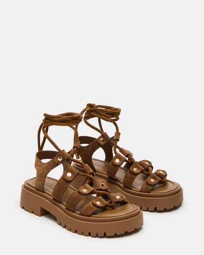 LYRIAN Cognac Suede Platform Lace-Up Strappy Women's Sandal - Steve Madden