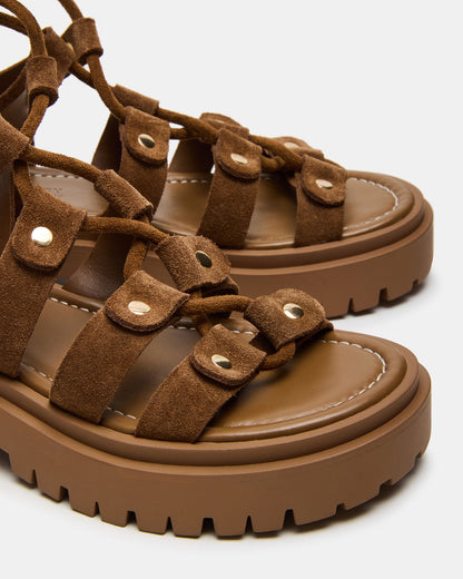 LYRIAN Cognac Suede Platform Lace-Up Strappy Women's Sandal - Steve Madden