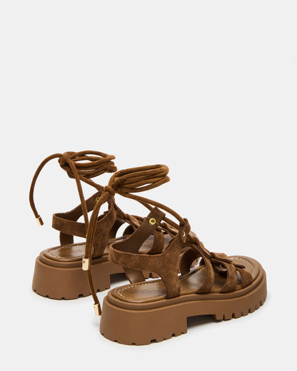 LYRIAN Cognac Suede Platform Lace-Up Strappy Women's Sandal - Steve Madden