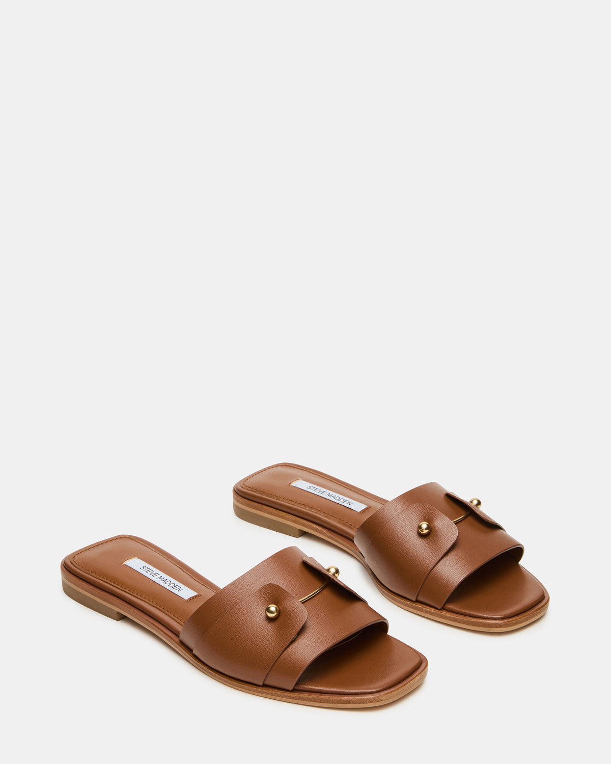 HASTEN Brown Leather Gold Detail Slide Women's Sandal - Steve Madden