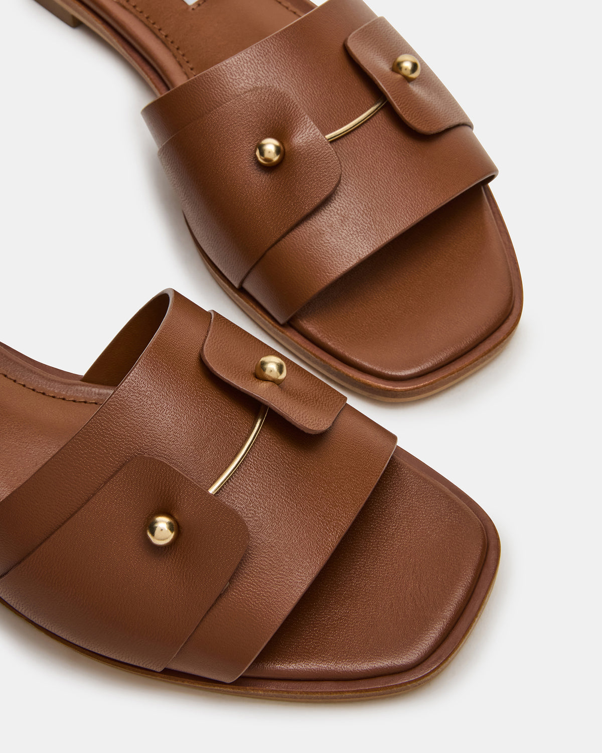 HASTEN Brown Leather Gold Detail Slide Women's Sandal - Steve Madden