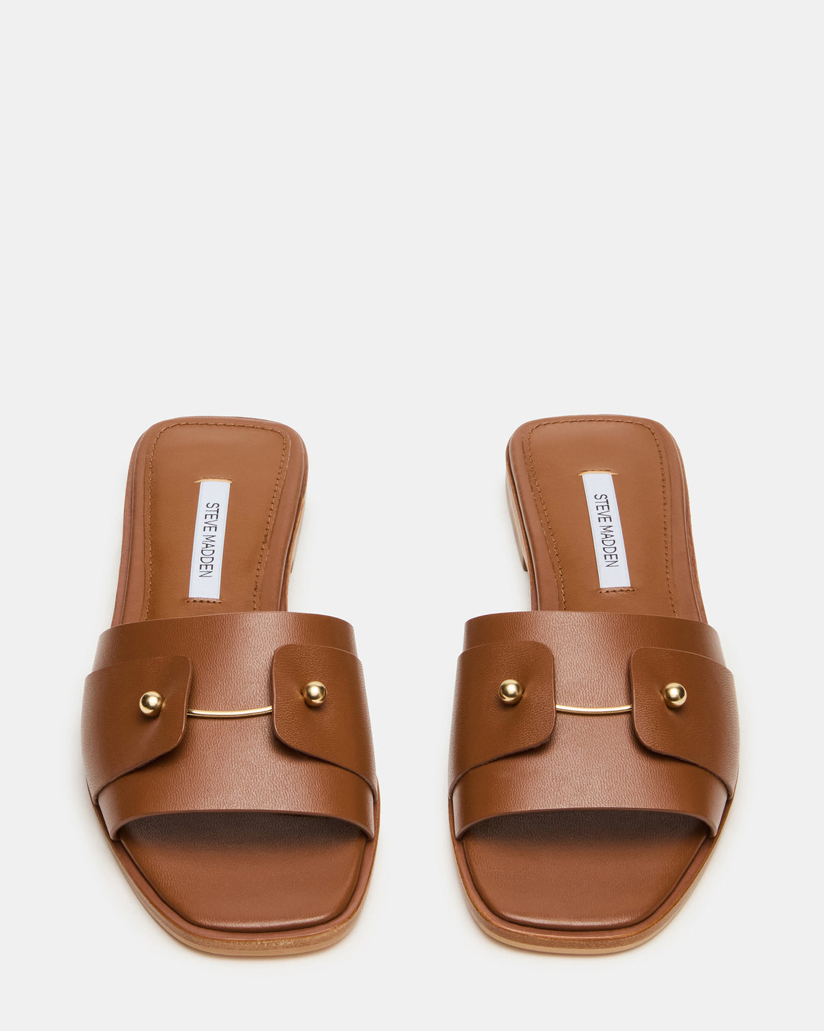 HASTEN Brown Leather Gold Detail Slide Women's Sandal - Steve Madden