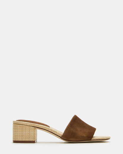 HAILEE Chestnut Suede Women's Square-Toe Raffia Block Heel Mule Sandal - Steve Madden