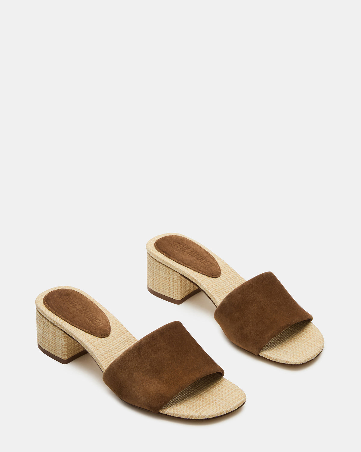 HAILEE Chestnut Suede Women's Square-Toe Raffia Block Heel Mule Sandal - Steve Madden