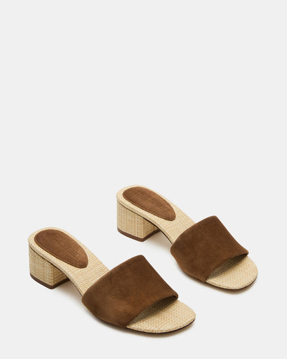HAILEE Chestnut Suede Women's Square-Toe Raffia Block Heel Mule Sandal - Steve Madden
