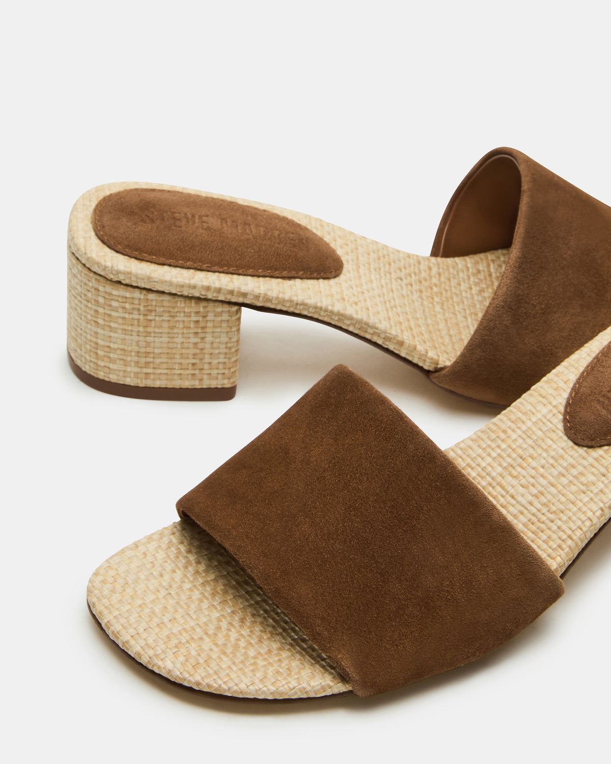 HAILEE Chestnut Suede Women's Square-Toe Raffia Block Heel Mule Sandal - Steve Madden