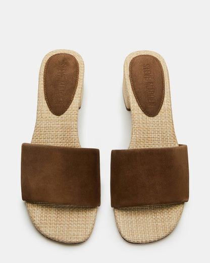 HAILEE Chestnut Suede Women's Square-Toe Raffia Block Heel Mule Sandal - Steve Madden