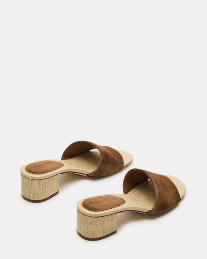 HAILEE Chestnut Suede Women's Square-Toe Raffia Block Heel Mule Sandal - Steve Madden