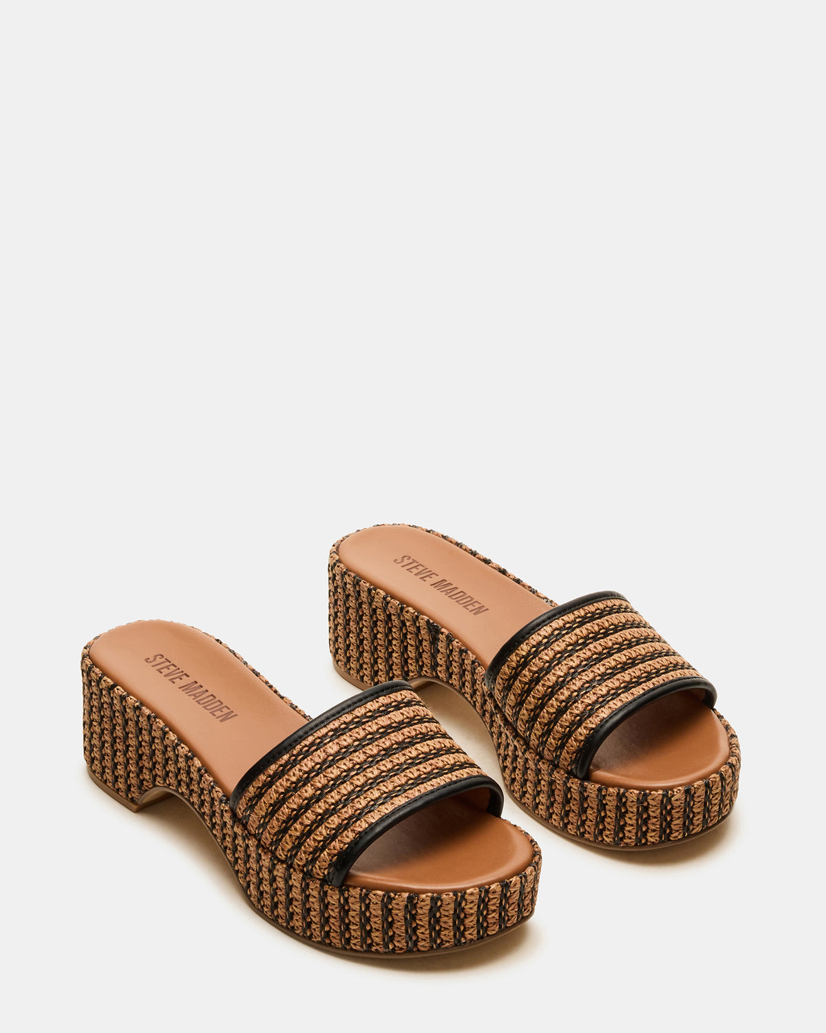 COSIMA Black/Beige Platform Raffia Slide Women's Sandal - Steve Madden