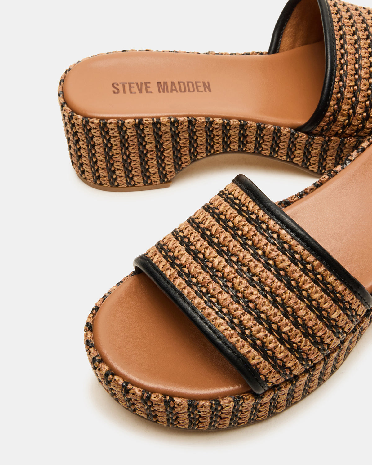 COSIMA Black/Beige Platform Raffia Slide Women's Sandal - Steve Madden