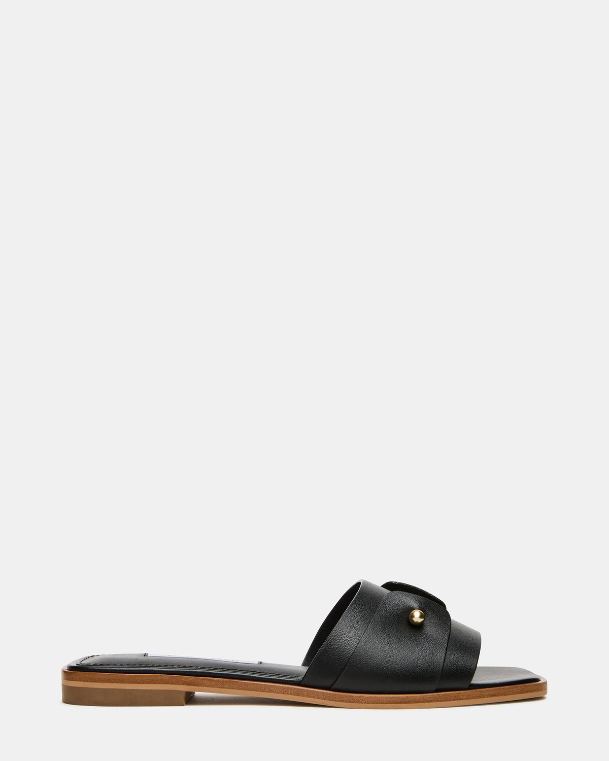 HASTEN Black Leather Gold Detail Slide Women's Sandal - Steve Madden