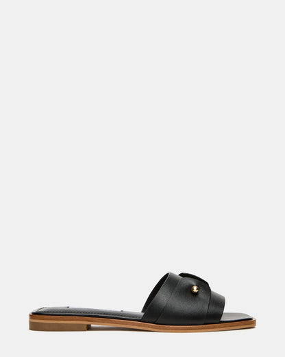 HASTEN Black Leather Gold Detail Slide Women's Sandal - Steve Madden