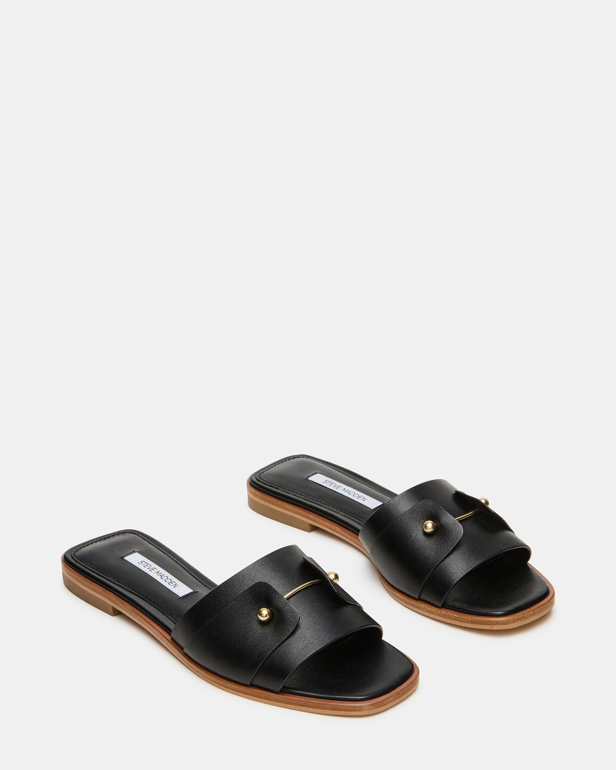 HASTEN Black Leather Gold Detail Slide Women's Sandal - Steve Madden