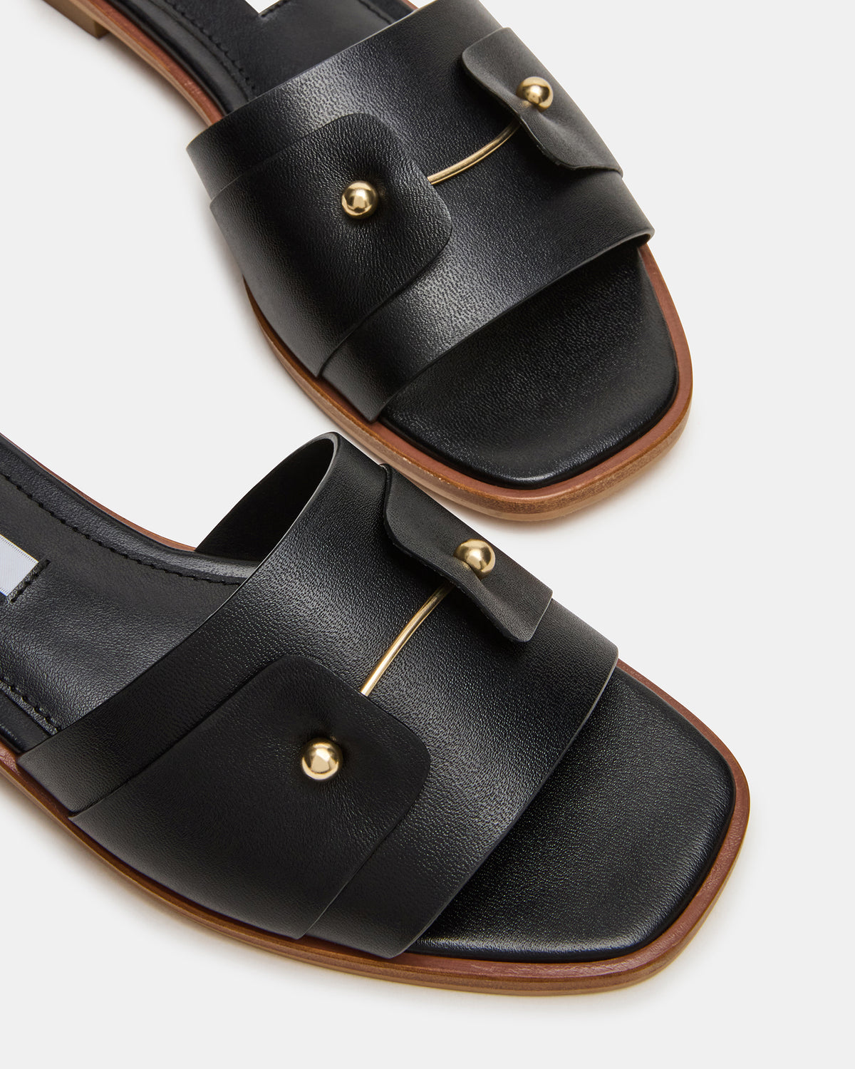 HASTEN Black Leather Gold Detail Slide Women's Sandal - Steve Madden