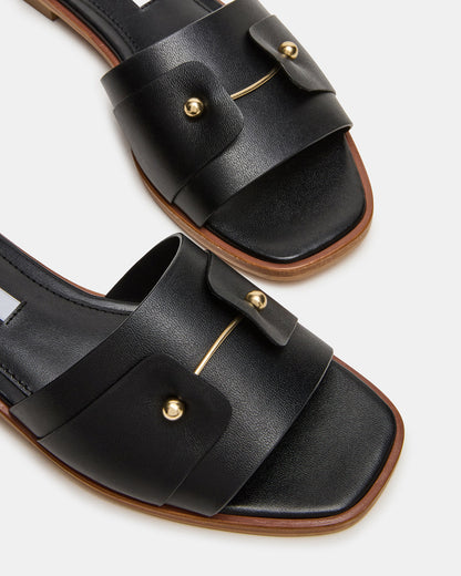 HASTEN Black Leather Gold Detail Slide Women's Sandal - Steve Madden
