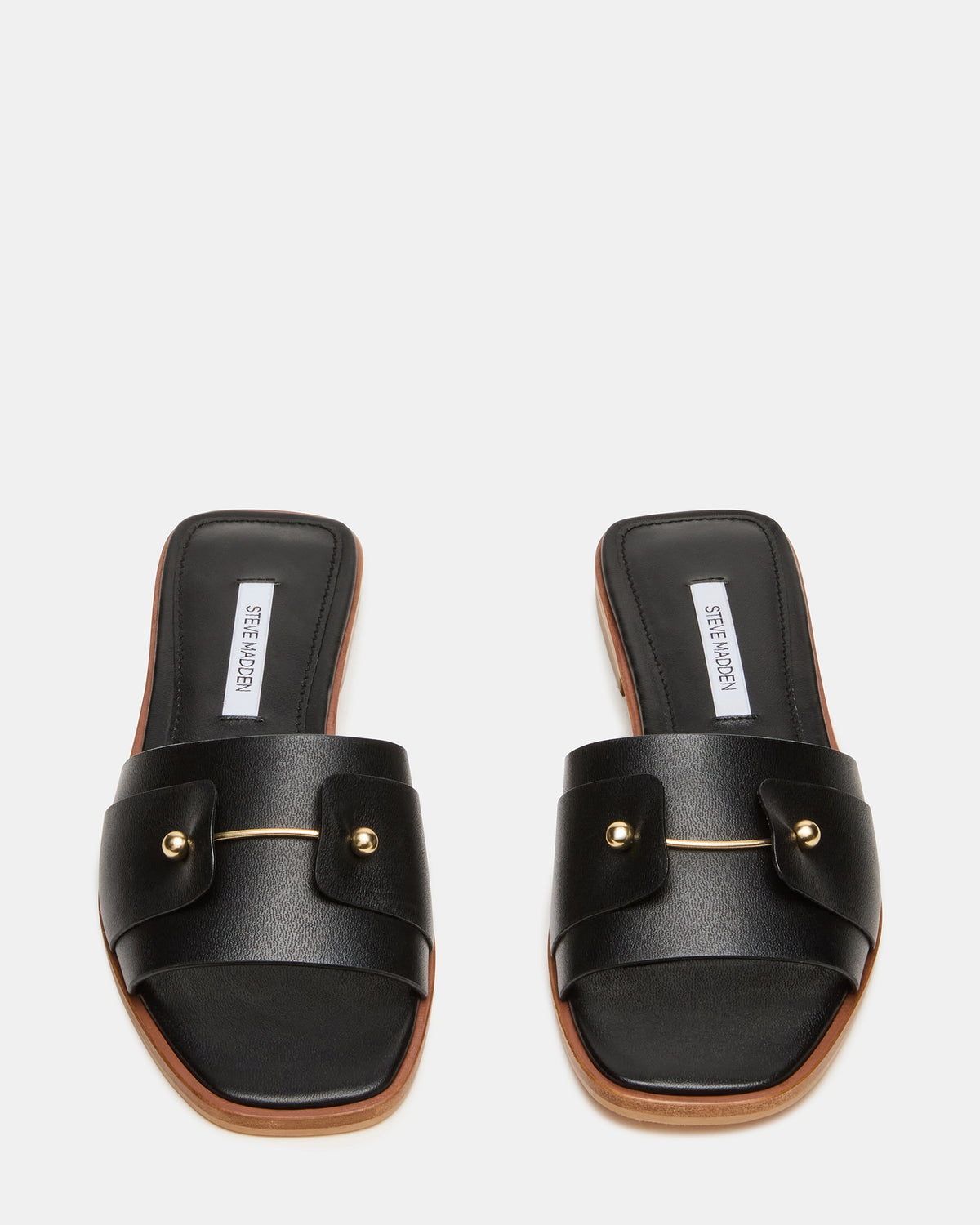 HASTEN Black Leather Gold Detail Slide Women's Sandal - Steve Madden