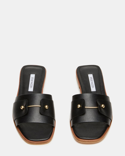 HASTEN Black Leather Gold Detail Slide Women's Sandal - Steve Madden