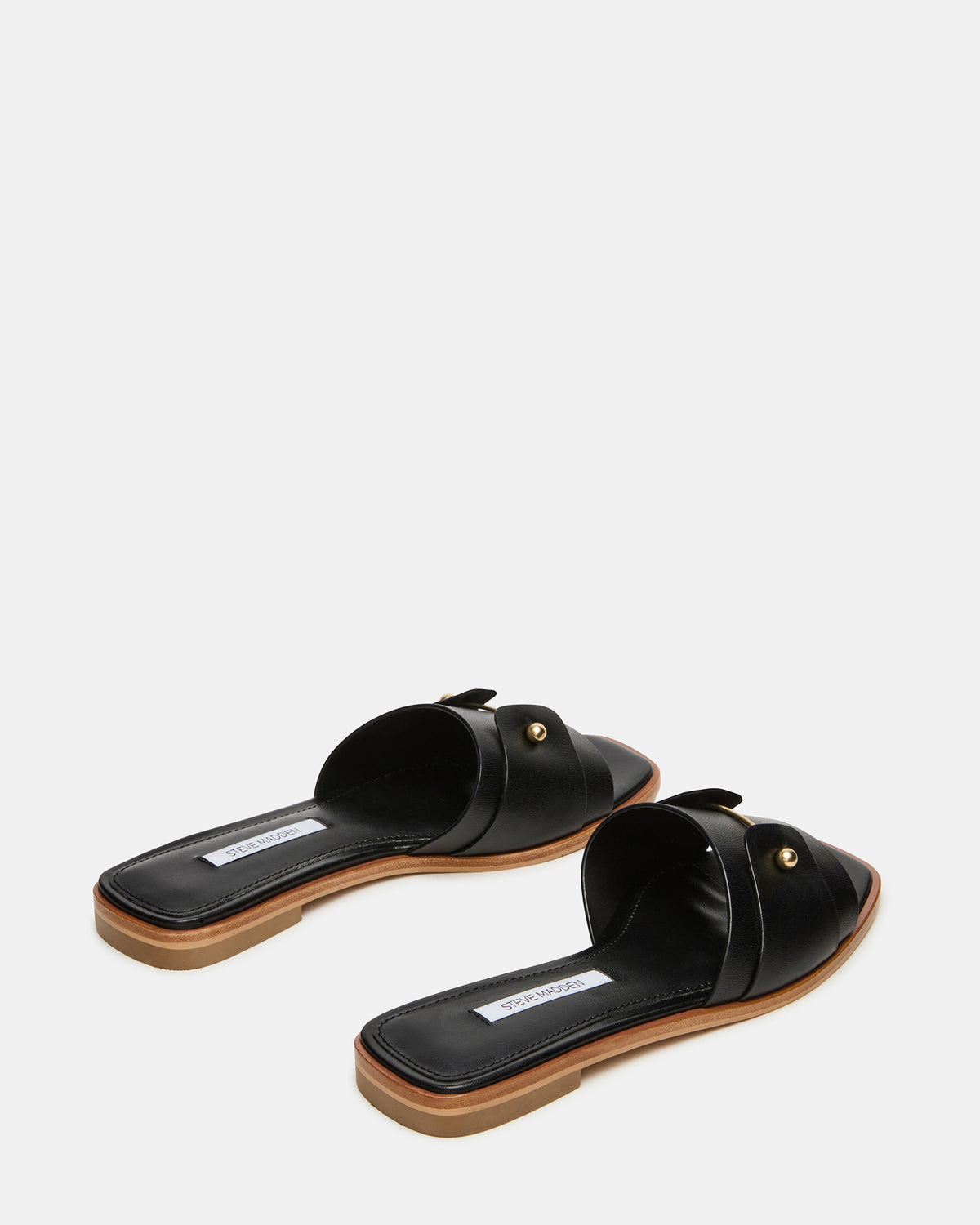 HASTEN Black Leather Gold Detail Slide Women's Sandal - Steve Madden