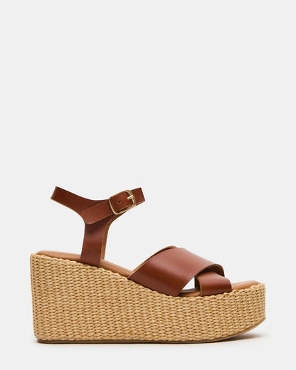JETSET Cognac Leather Raffia Platform Wedge Women's Sandal - Steve Madden