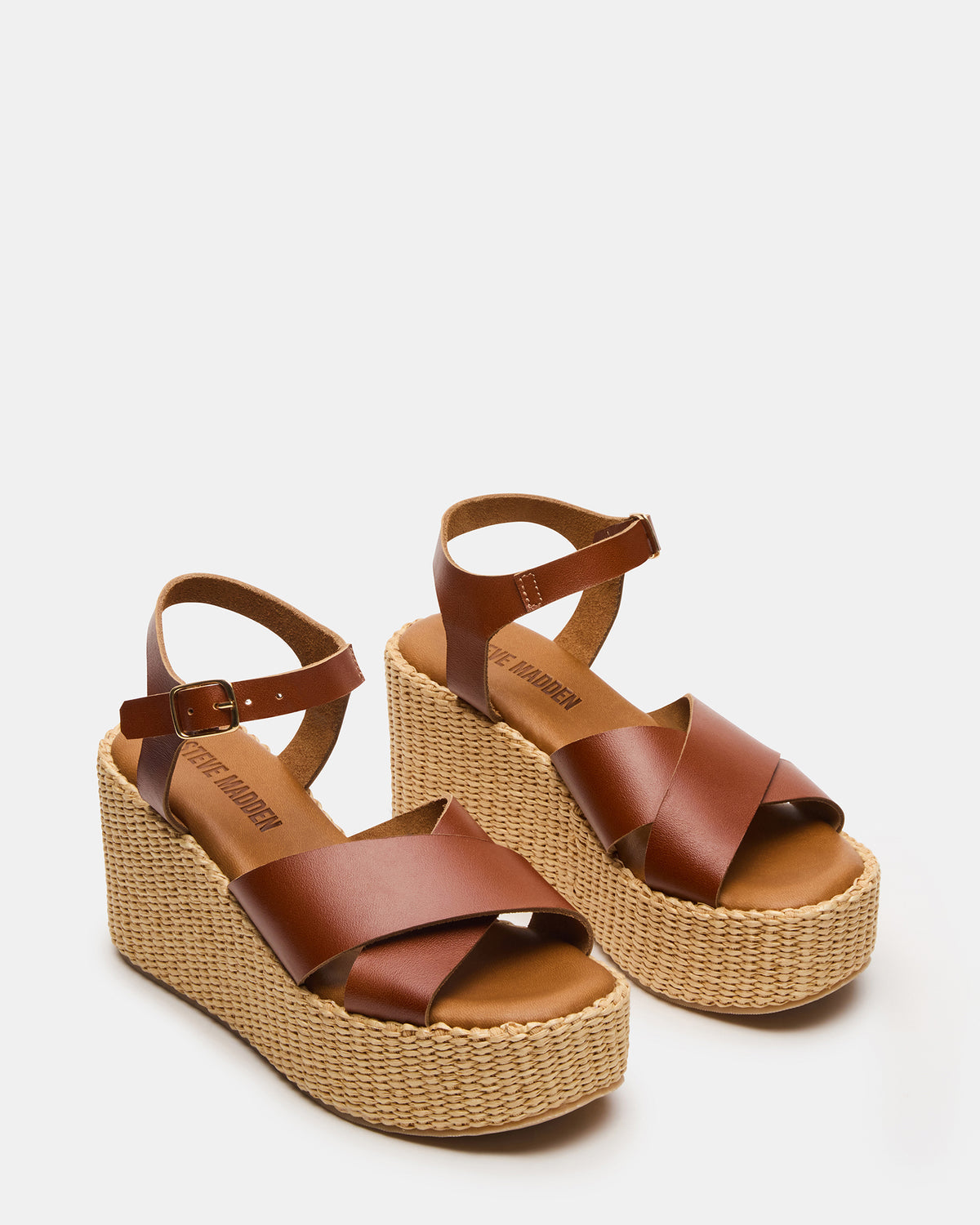JETSET Cognac Leather Raffia Platform Wedge Women's Sandal - Steve Madden