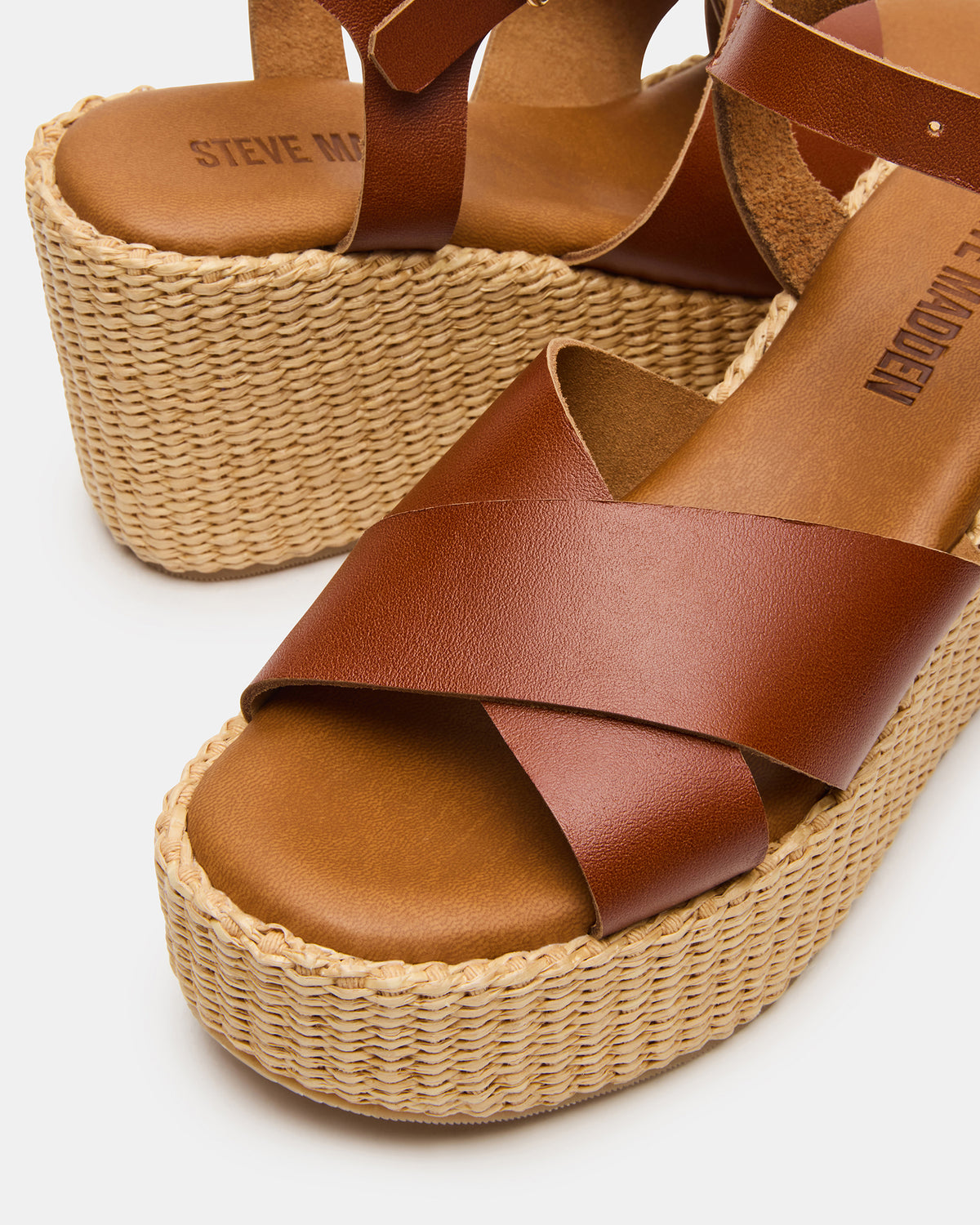 JETSET Cognac Leather Raffia Platform Wedge Women's Sandal - Steve Madden
