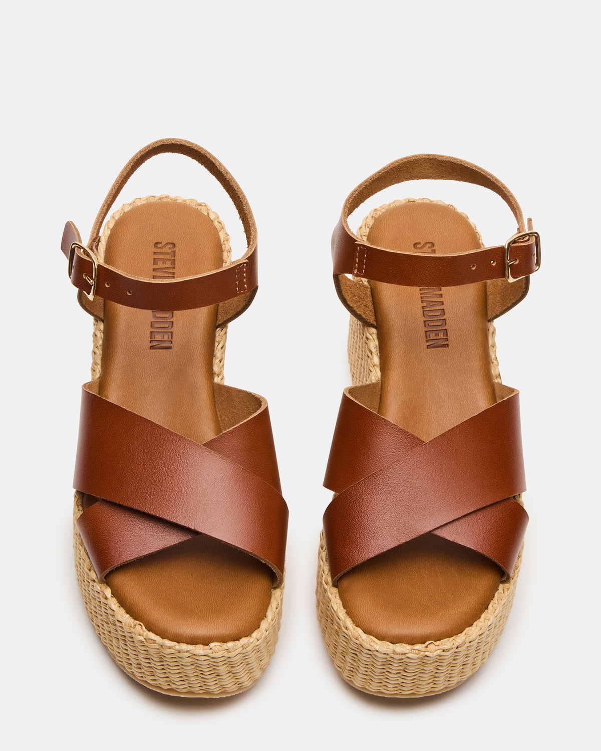 JETSET Cognac Leather Raffia Platform Wedge Women's Sandal - Steve Madden