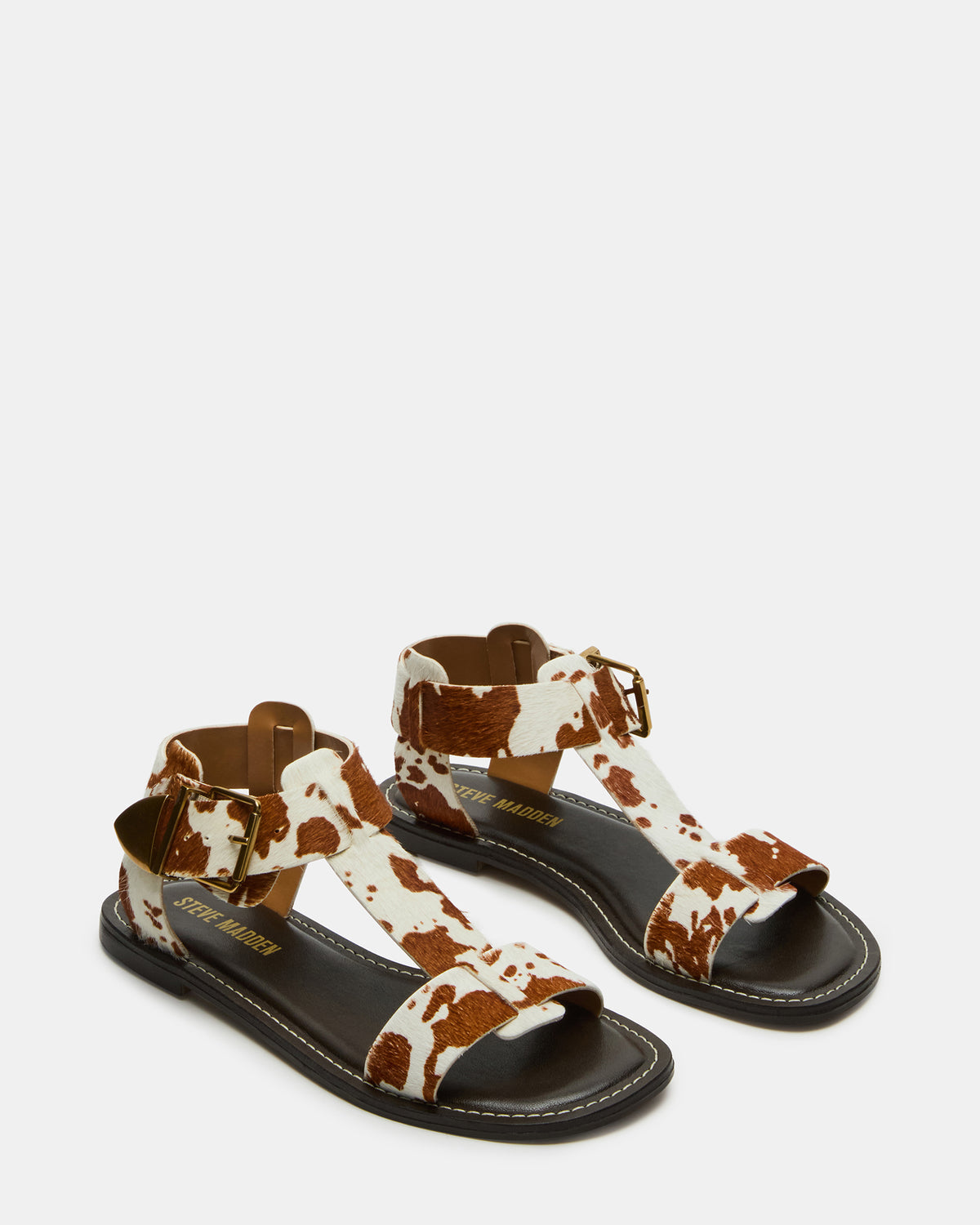 BRAZINN Brown Cow Print Strappy Flat Sandal Women's Sandal - Steve Madden