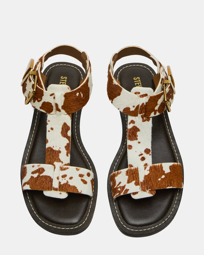 BRAZINN Brown Cow Print Strappy Flat Sandal Women's Sandal - Steve Madden