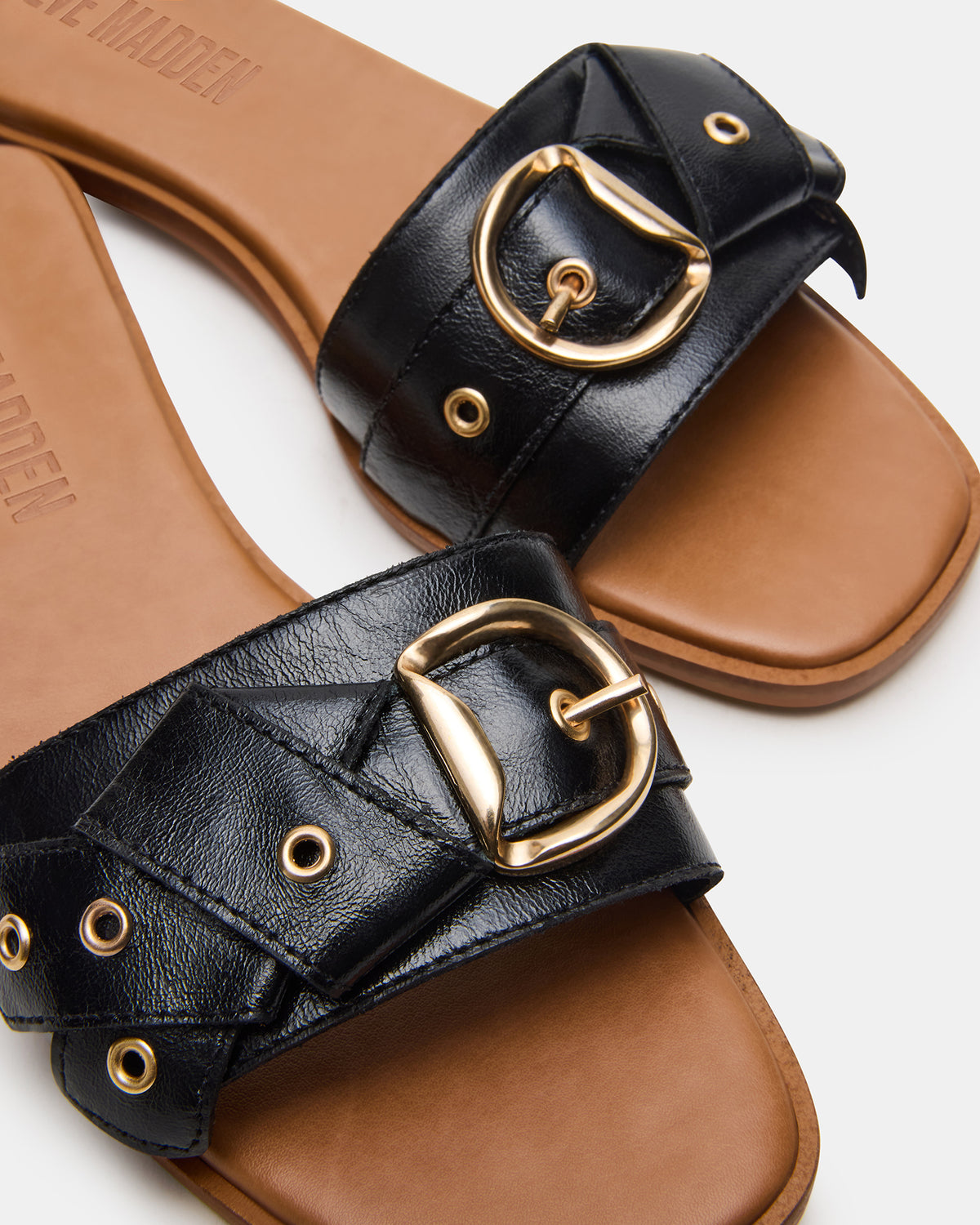 HILARIA Black Leather Square-Toe Slide Women's Sandal - Steve Madden