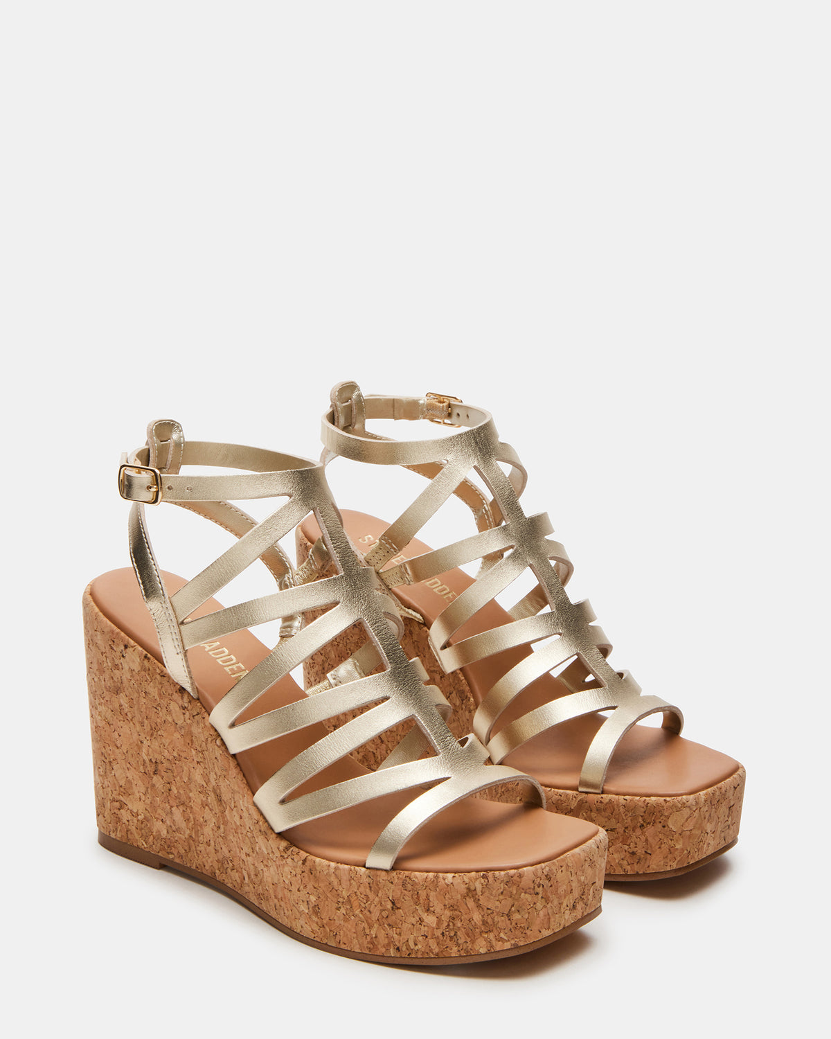 COZETTE Gold Leather Women's Platform Square-Toe Wedge Sandal - Steve Madden