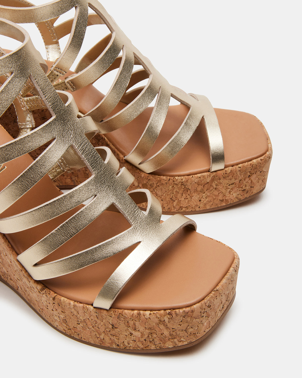 COZETTE Gold Leather Women's Platform Square-Toe Wedge Sandal - Steve Madden