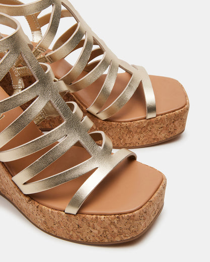 COZETTE Gold Leather Women's Platform Square-Toe Wedge Sandal - Steve Madden