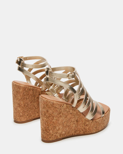 COZETTE Gold Leather Women's Platform Square-Toe Wedge Sandal - Steve Madden