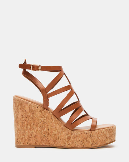 COZETTE Tan Leather Women's Platform Square-Toe Wedge Sandal - Steve Madden