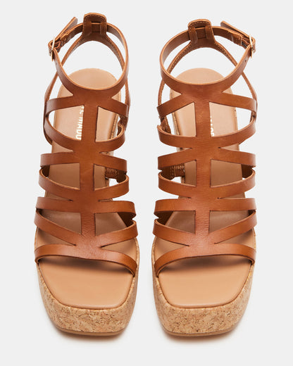 COZETTE Tan Leather Women's Platform Square-Toe Wedge Sandal - Steve Madden