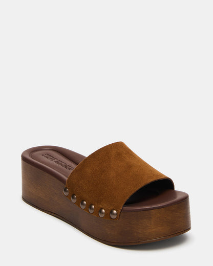 CONGA Tan Suede Platform Wood Bottom Slide Women's Sandal - Steve Madden