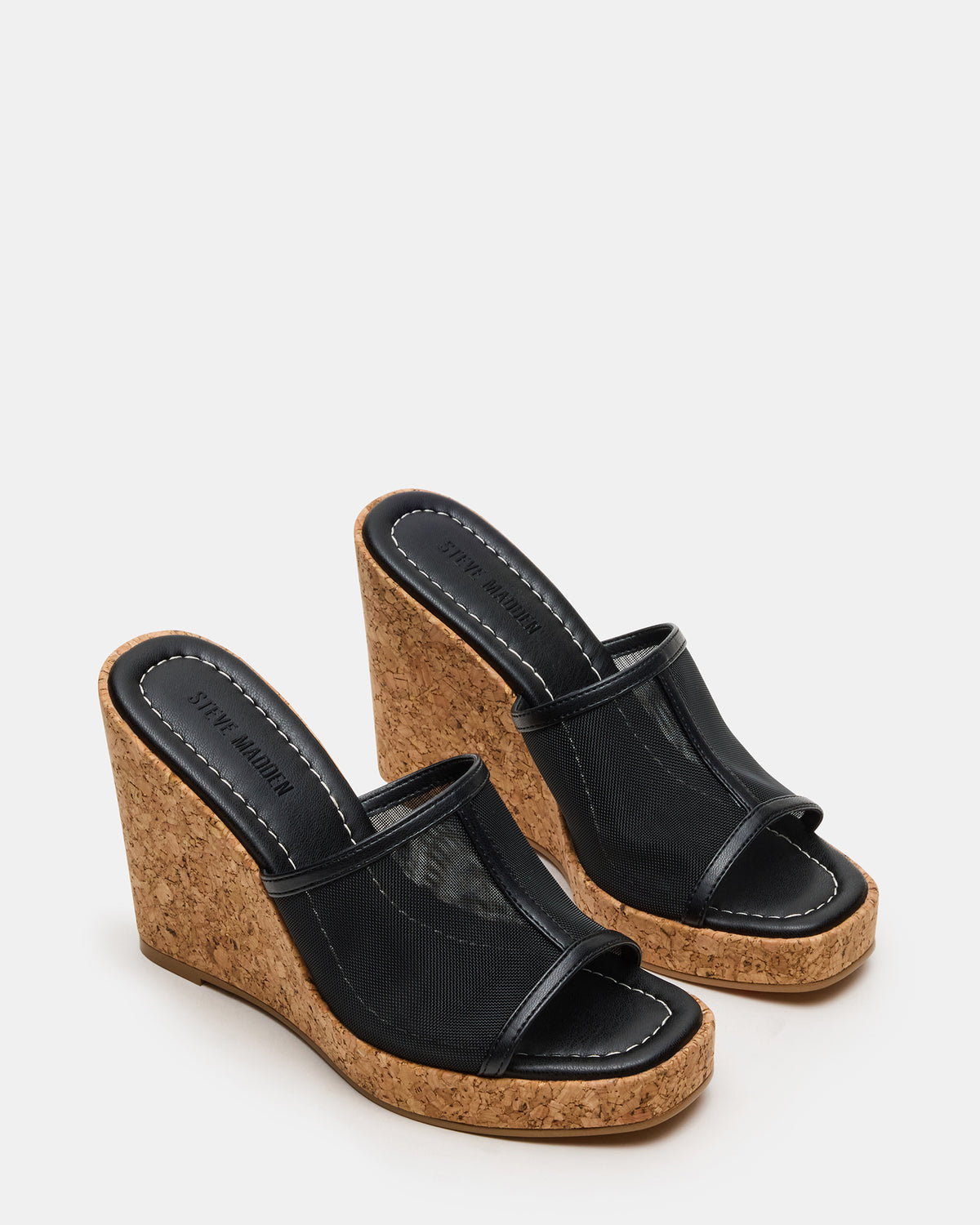 CRUZ Black Square-Toe Platform Mesh Wedge Mule Women's Sandal - Steve Madden