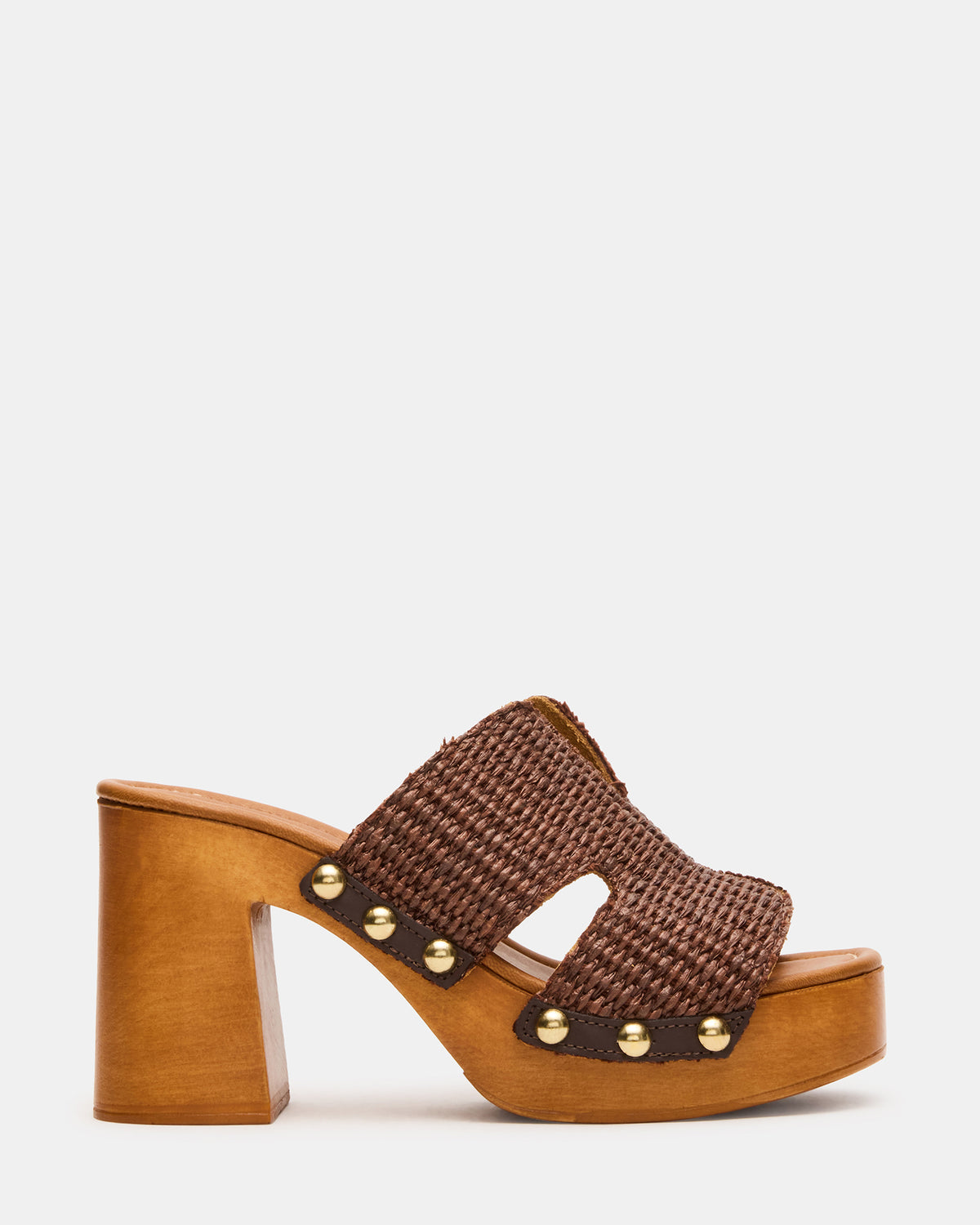 SUNKISSED Brown Raffia Platform Block Heel Studded Women's Sandal - Steve Madden