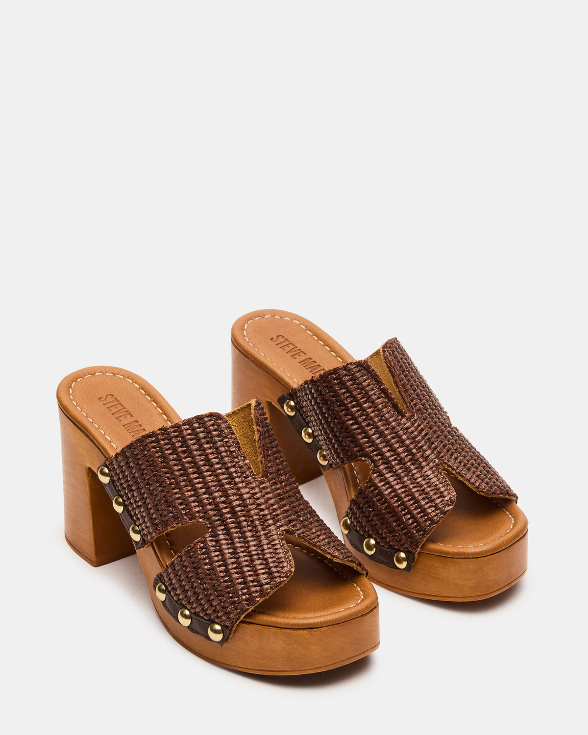 SUNKISSED Brown Raffia Platform Block Heel Studded Women's Sandal - Steve Madden