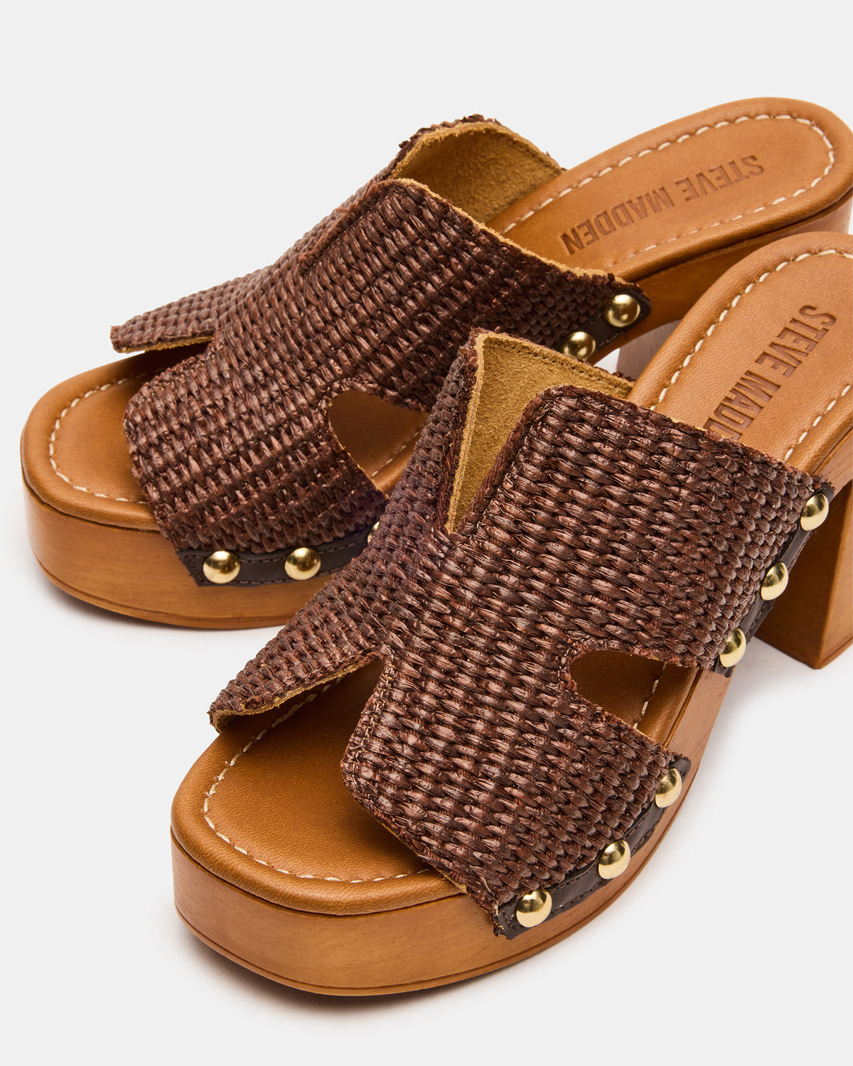 SUNKISSED Brown Raffia Platform Block Heel Studded Women's Sandal - Steve Madden